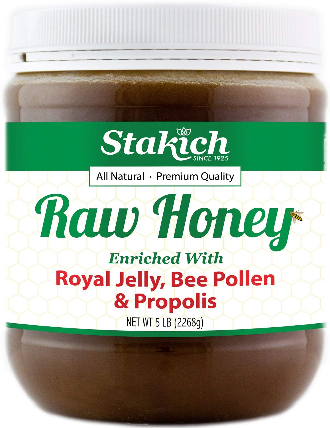 Stakich Royal Jelly Bee Pollen Propolis enriched honey—natural energy for daily meals.