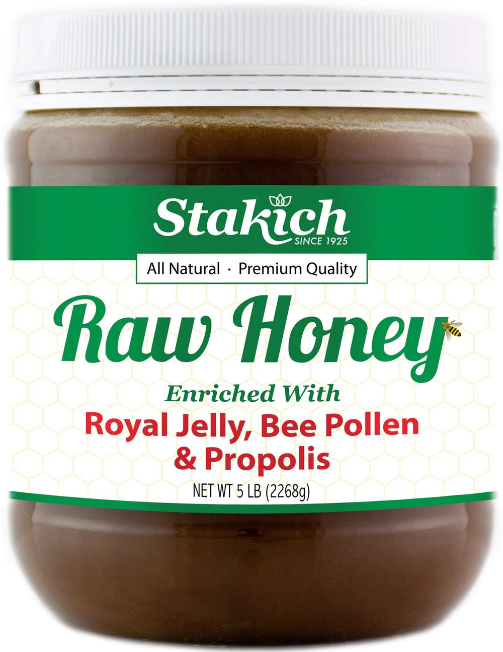 Stakich Royal Jelly Bee Pollen Propolis enriched honey—natural energy for daily meals.