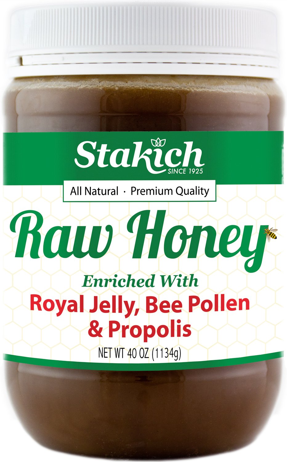 Stakich royal jelly, bee pollen, propolis raw honey in a 40oz bottle showcases pure, natural energy.