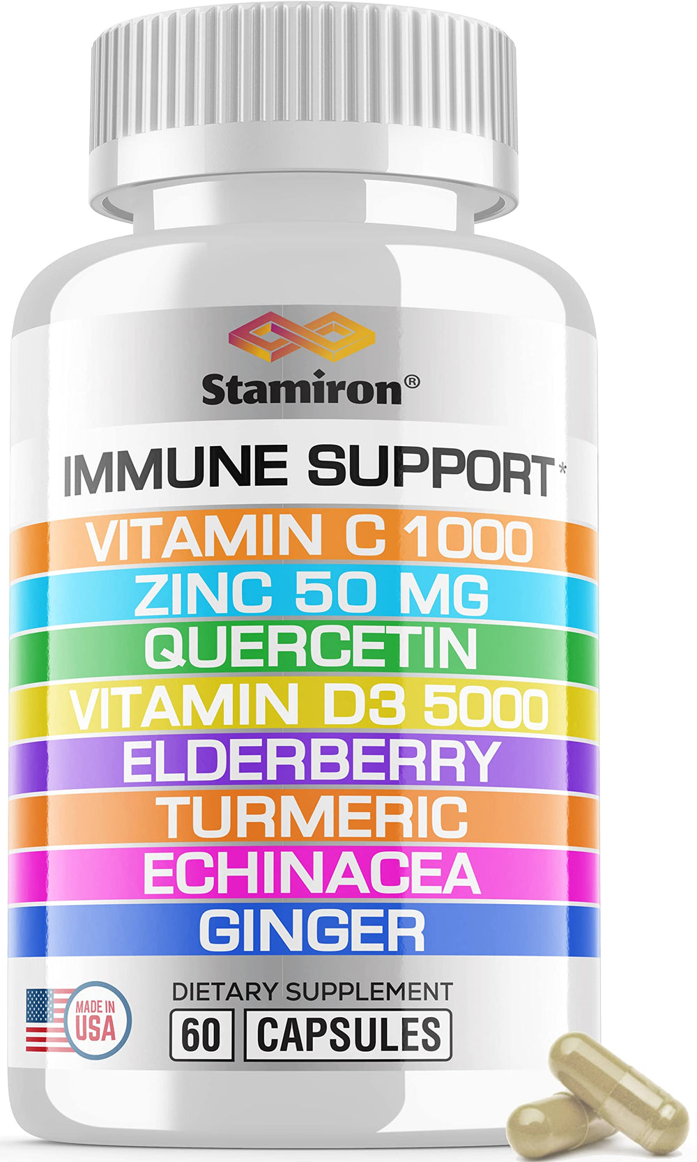 Stamiron 8in1 immune bottle front showing all-in-one formula for daily support