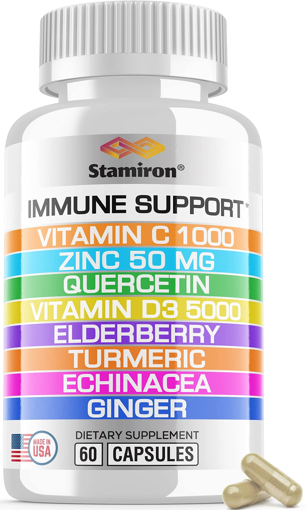 Stamiron 8in1 immune bottle front showing all-in-one formula for daily support