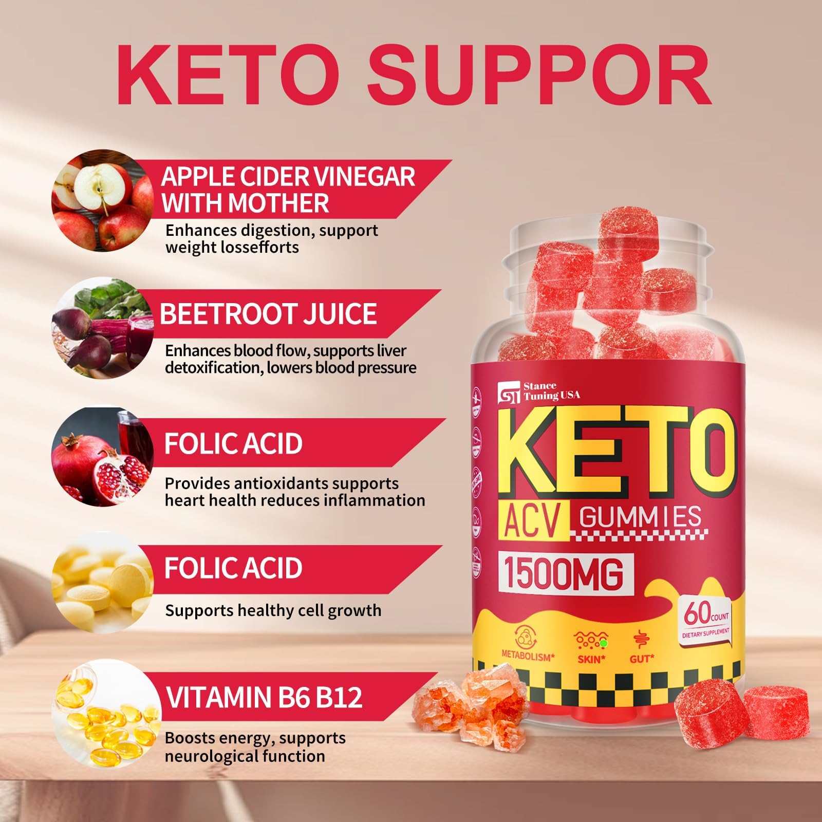 Stance Tuning USA Keto ACV Gummies two gummies close-up with lemon-honey flavor.