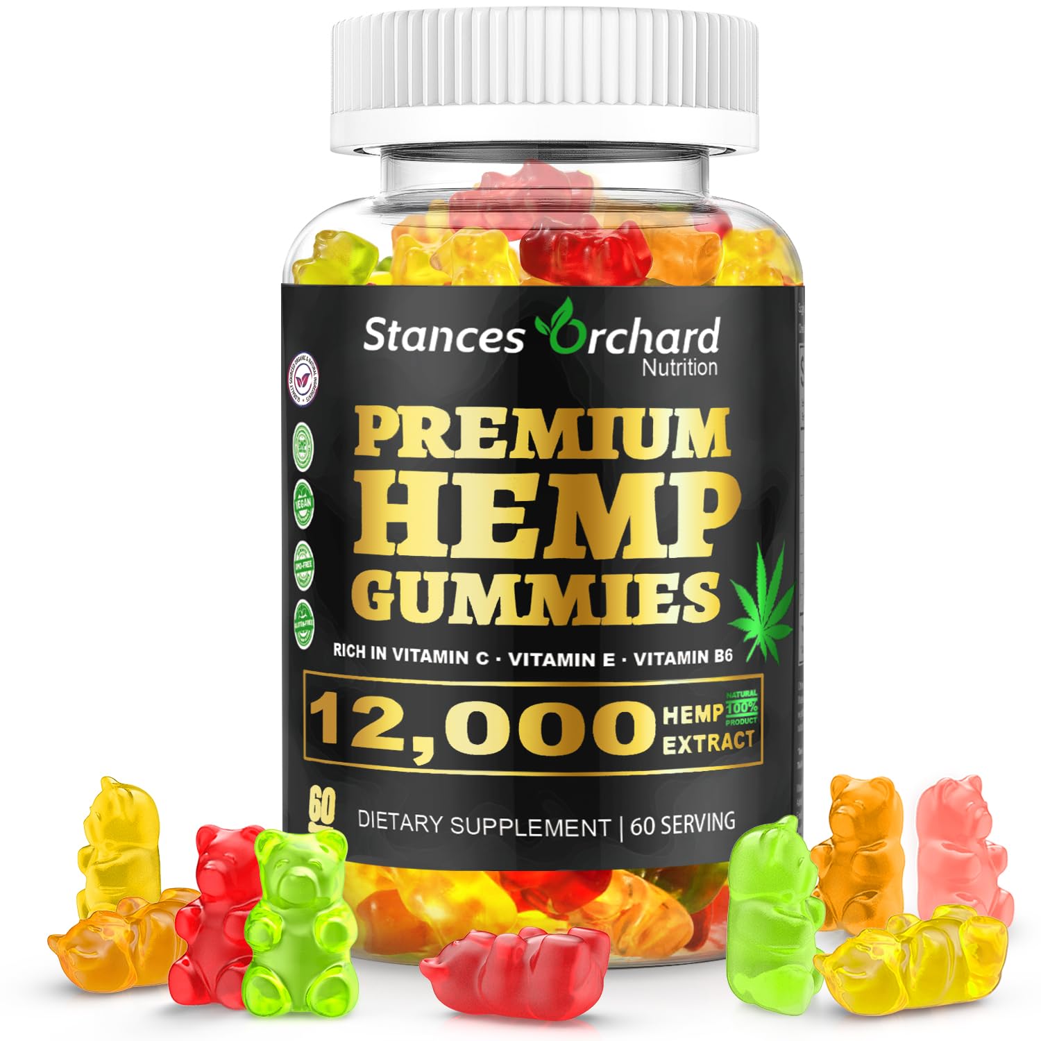Stances Orchard hemp gummies bottle front, vegan and organic relaxation support.