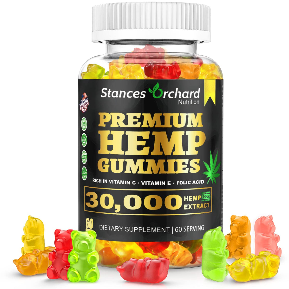 Stances Orchard hemp gummies bottle front showing the premium stress-relief formula.