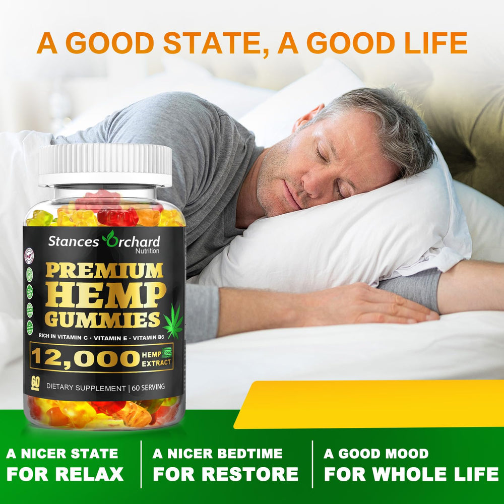 Stances Orchard hemp gummies packaging with 60-count bottle, high-potency formula.