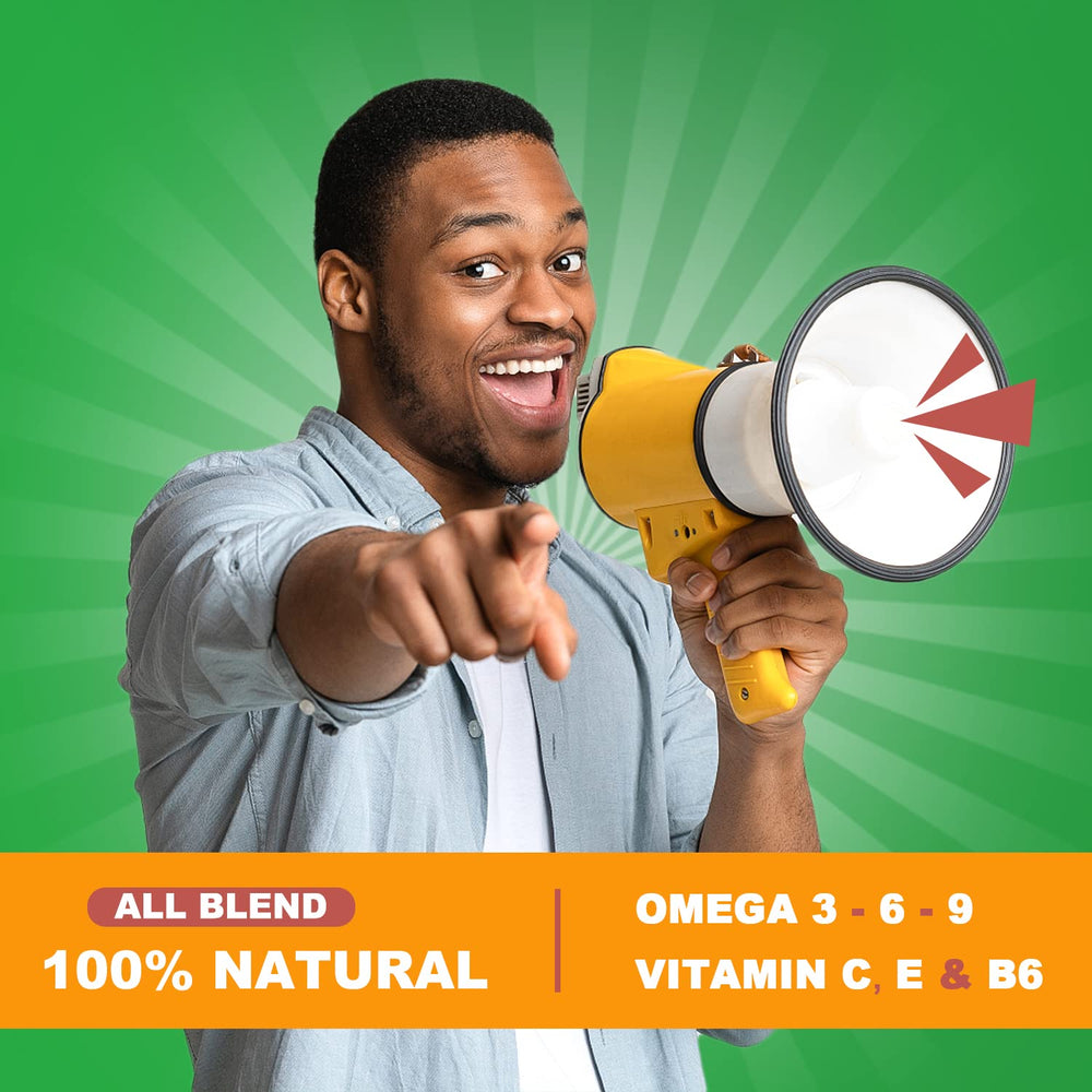 Nutrition panel shows omega fatty acids and vitamins in the gummies.