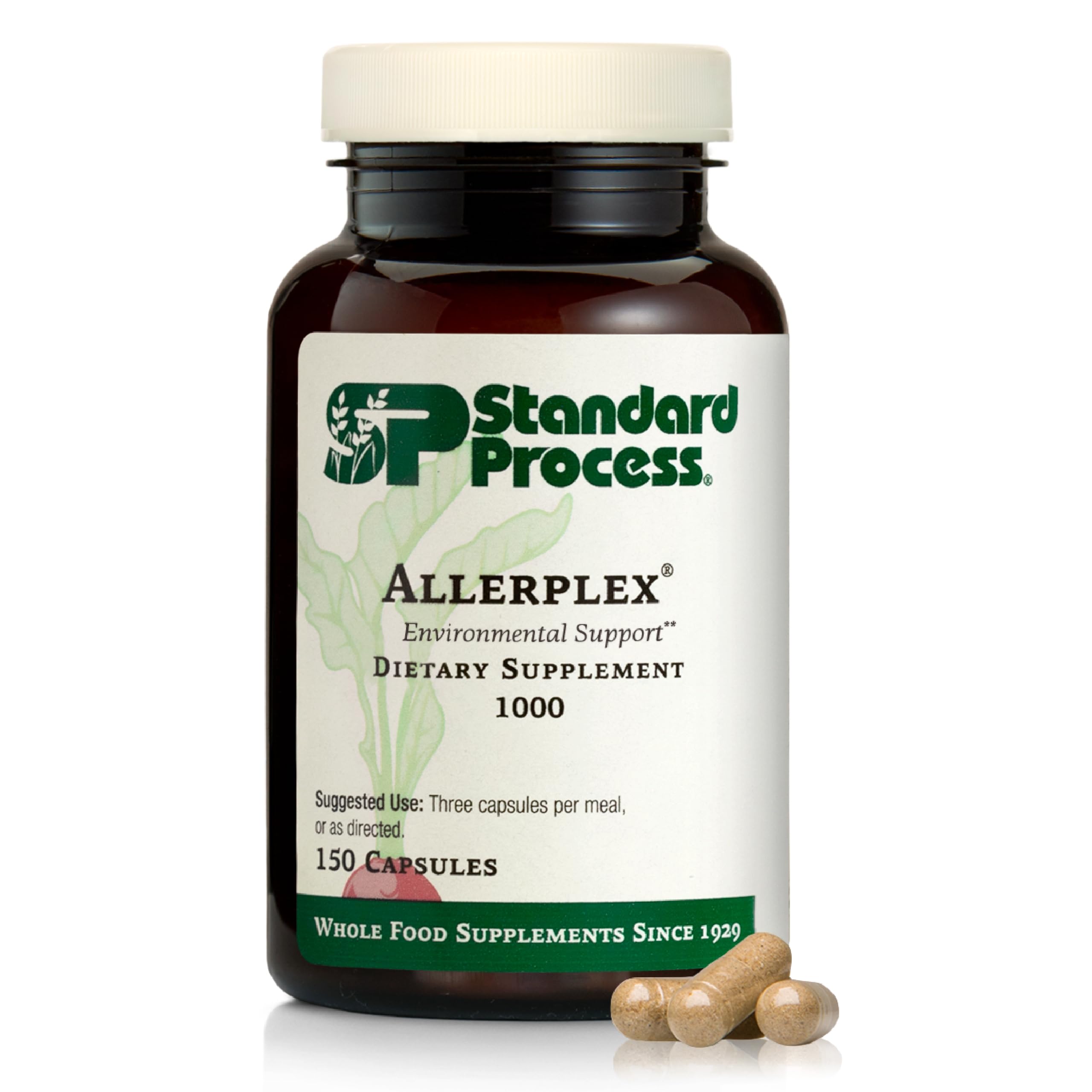 Standard Process Allerplex bottle on a counter ready for daily use supporting mucus health