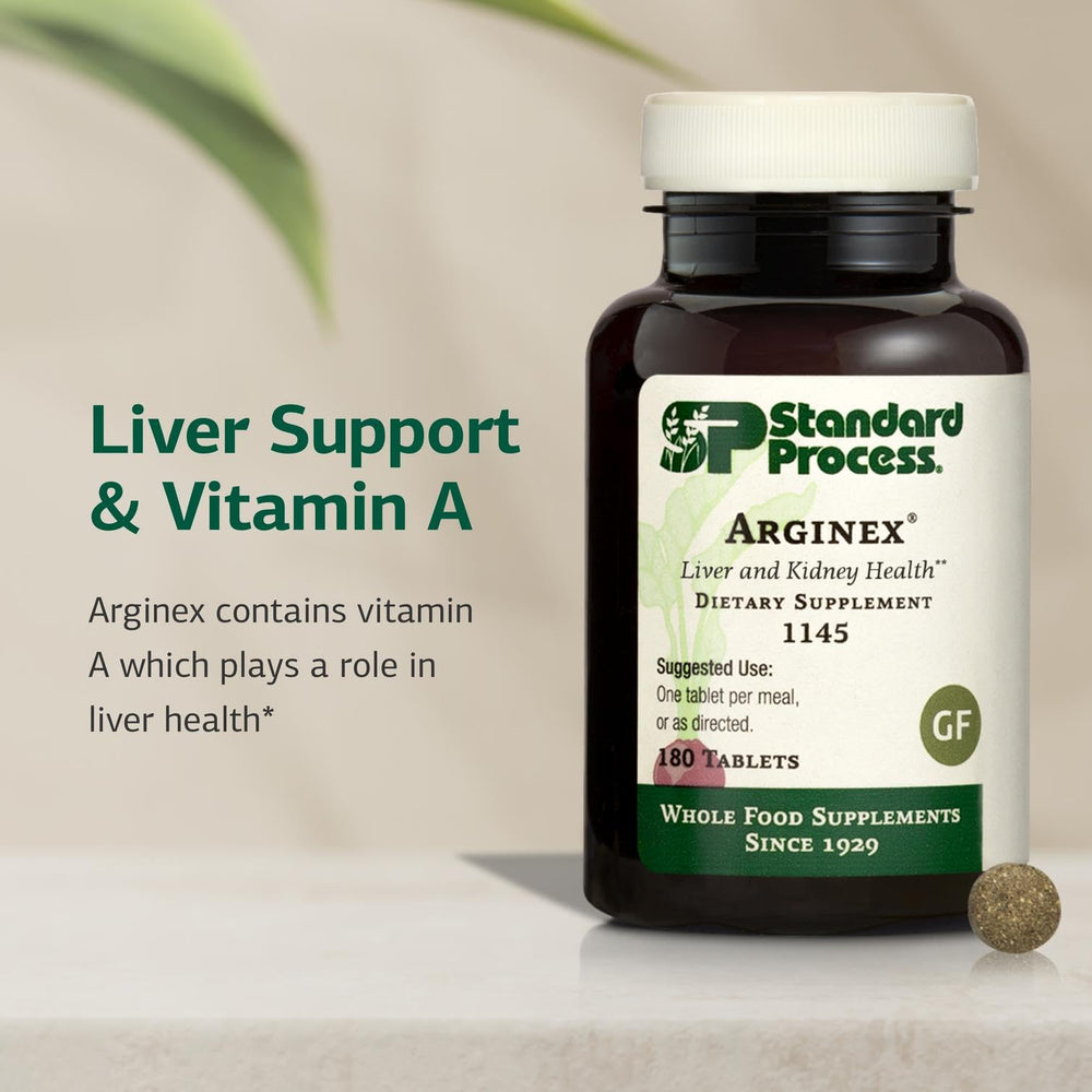 Standard Process Arginex ingredients overview with vitamin A and oat flour.