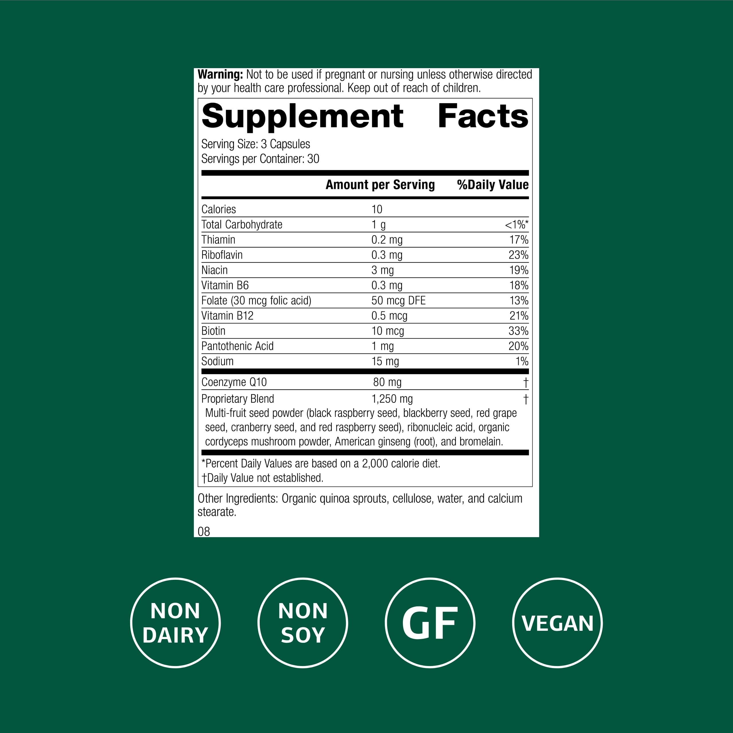 B Vitality bottle front highlighting vegan, gluten-free, non-dairy features