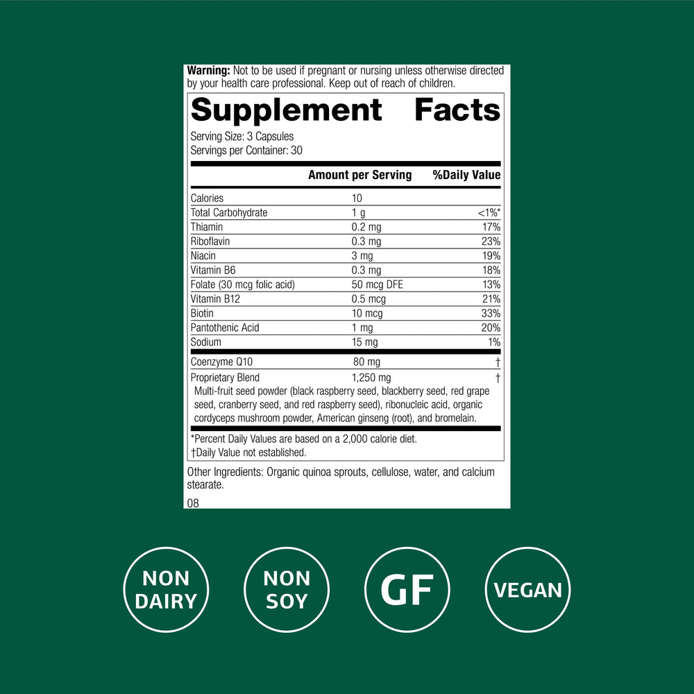 B Vitality bottle front highlighting vegan, gluten-free, non-dairy features