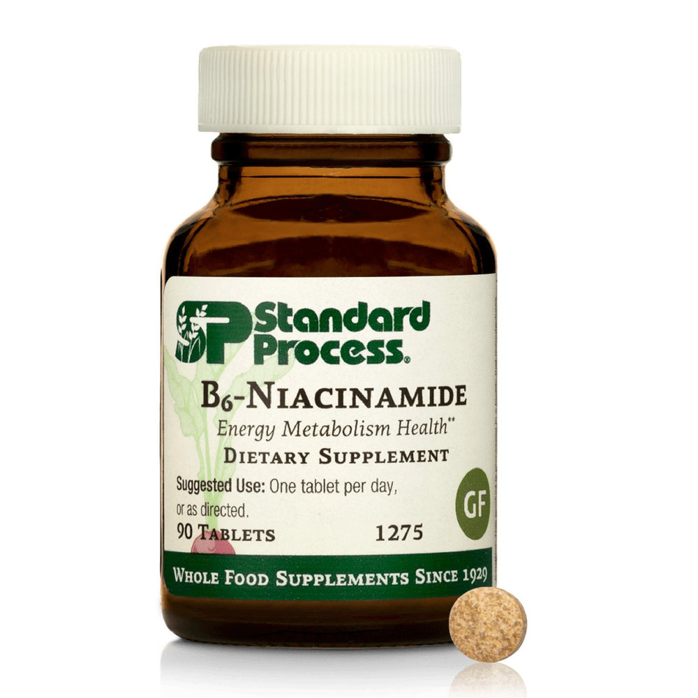 Standard Process B6-Niacinamide bottle with tablets supporting energy metabolism.