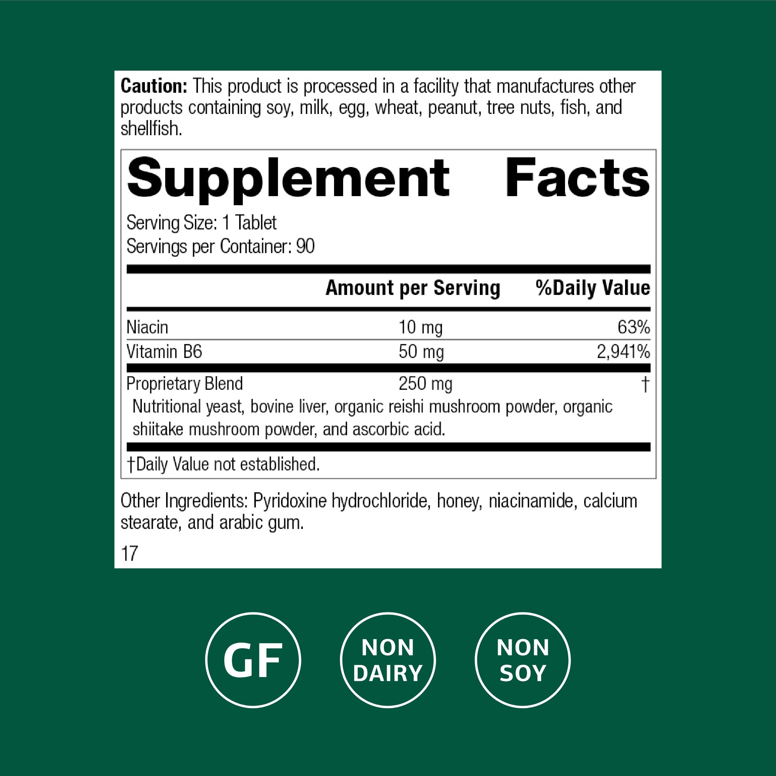 Standard Process B6-Niacinamide tablets close-up highlighting B6 and niacinamide benefits for digestion.