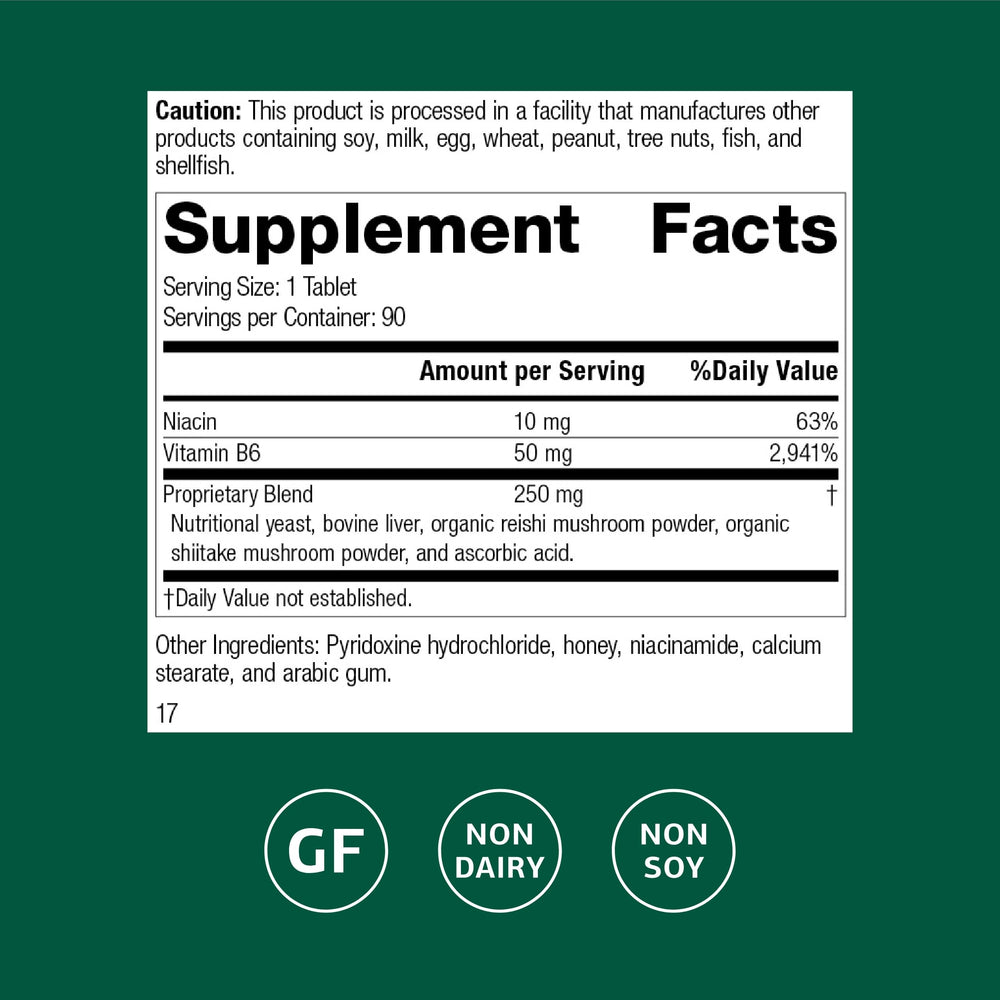 Standard Process B6-Niacinamide tablets close-up highlighting B6 and niacinamide benefits for digestion.