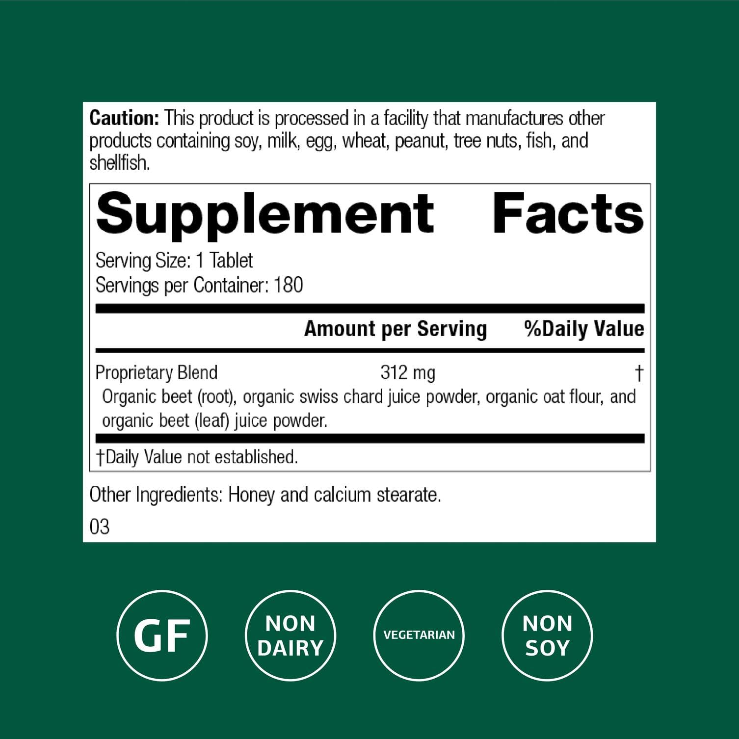 Standard Process Betafood label close-up showcasing vegan and gluten-free claims