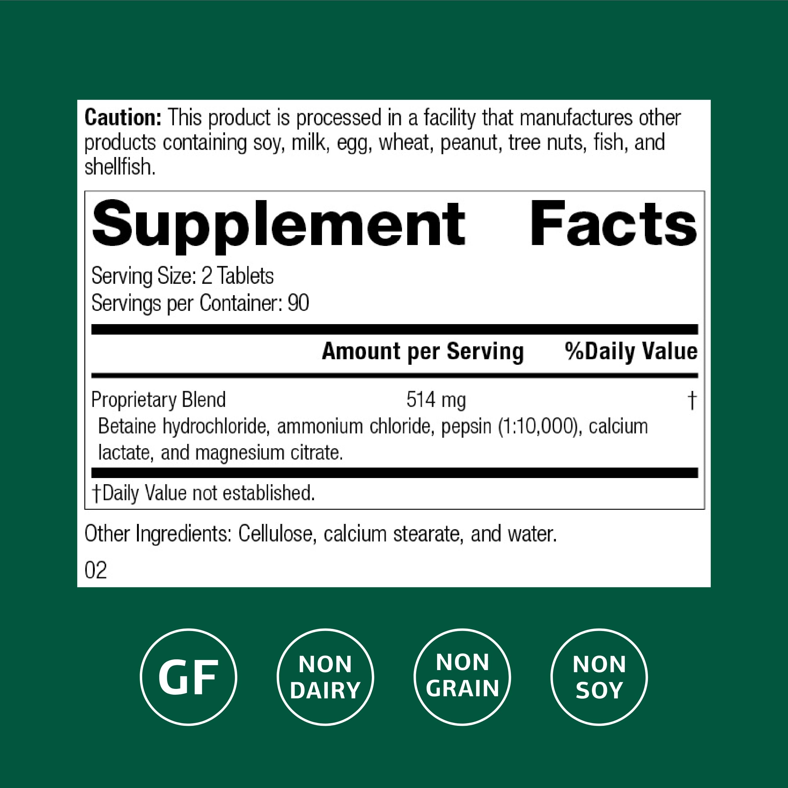 Close up of Standard Process Betaine HCl bottle label highlighting GI pH support