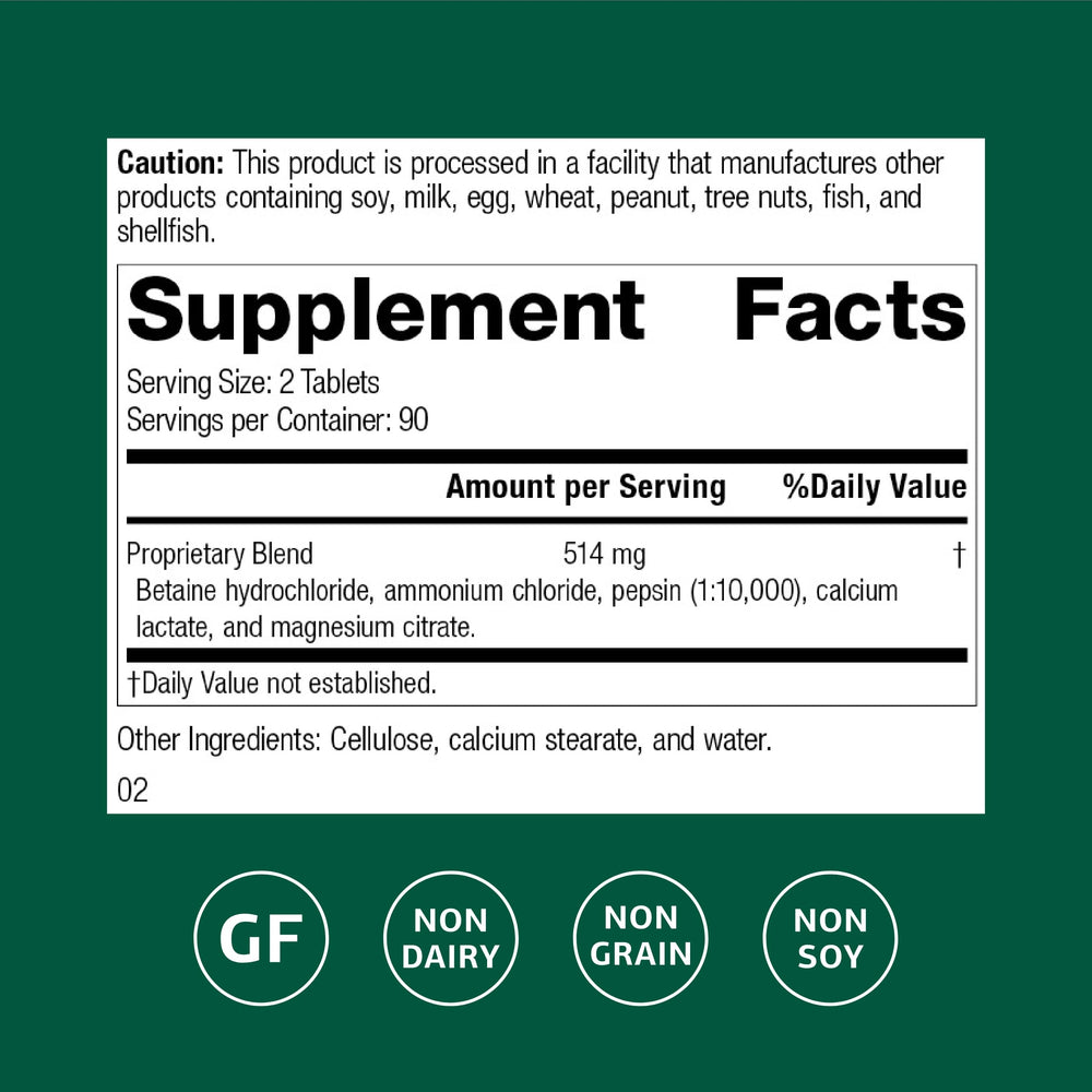 Close up of Standard Process Betaine HCl bottle label highlighting GI pH support