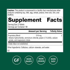 Close up of Standard Process Betaine HCl bottle label highlighting GI pH support