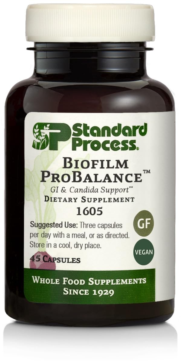 Standard Process Biofilm ProBalance bottle on kitchen counter for daily digestive wellness.