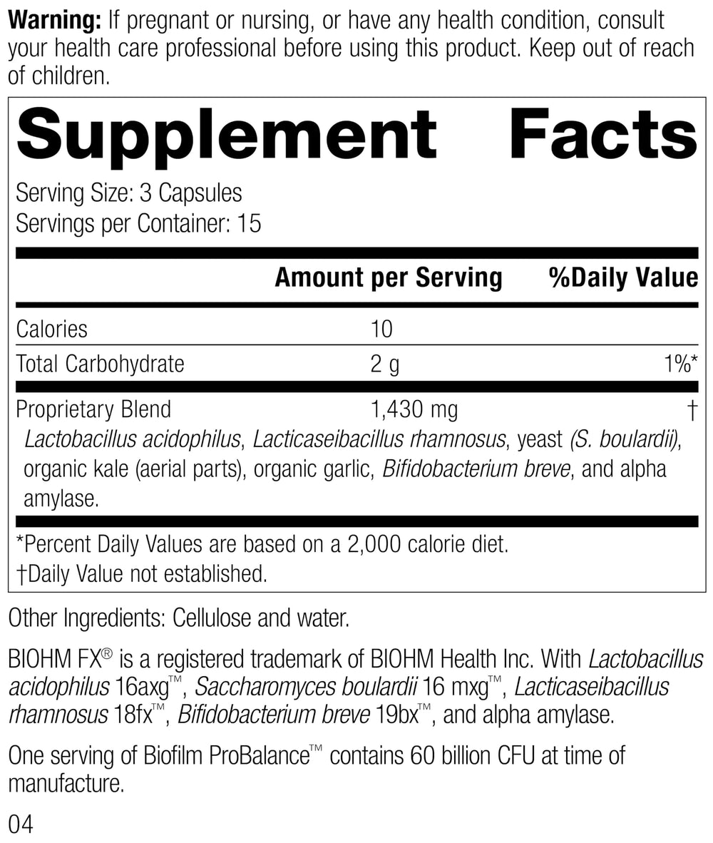 Close-up of Standard Process Biofilm ProBalance label showing vegan and gluten-free features.