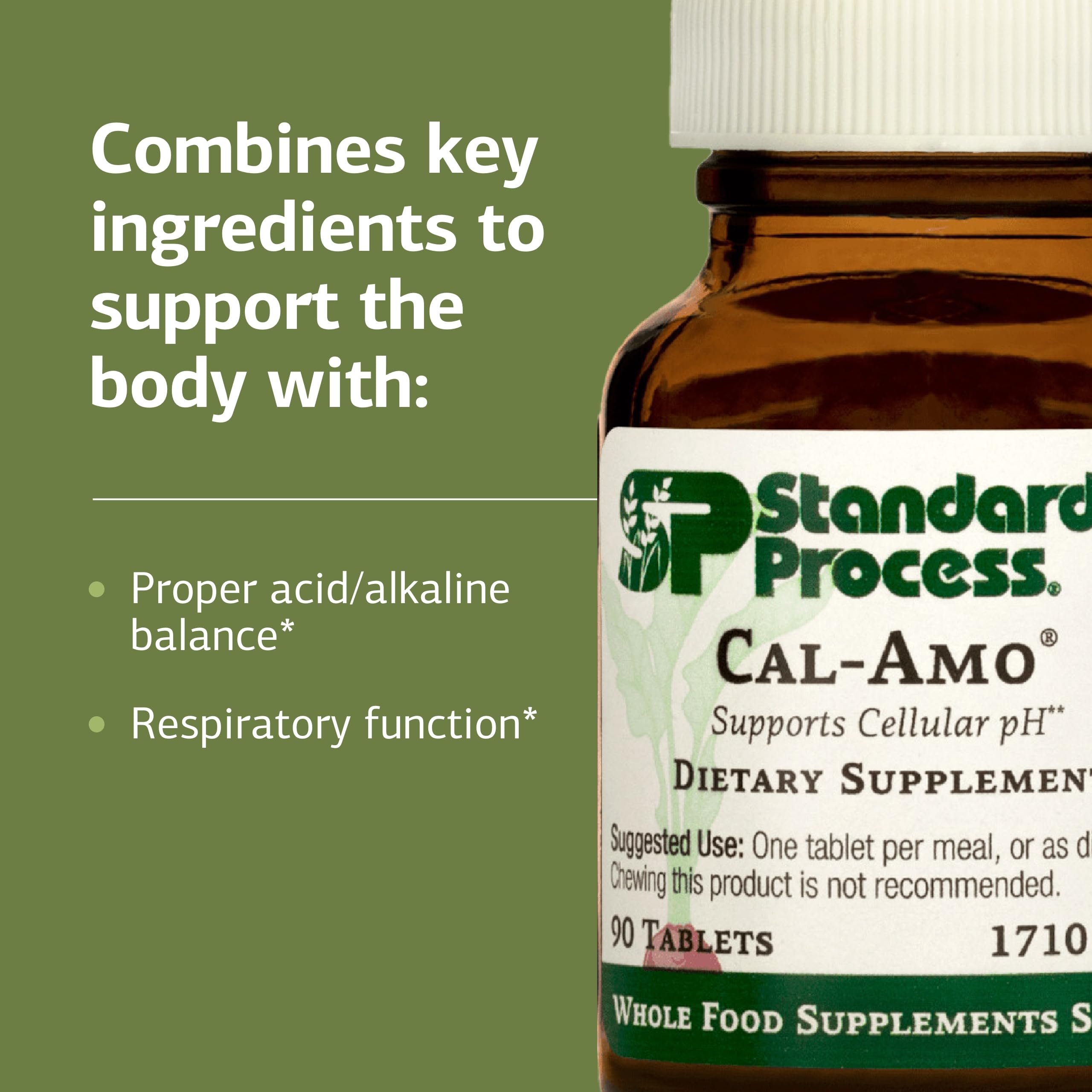 Cal-Amo tablet packaging illustrating daily dosing with meals.