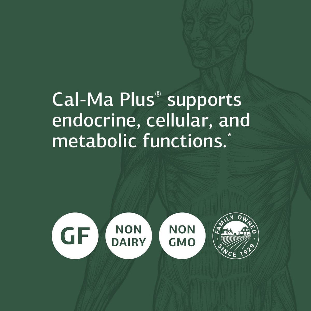 Standard Process Cal-Ma Plus packaging with gluten-free and non-dairy icons for dietary flexibility.