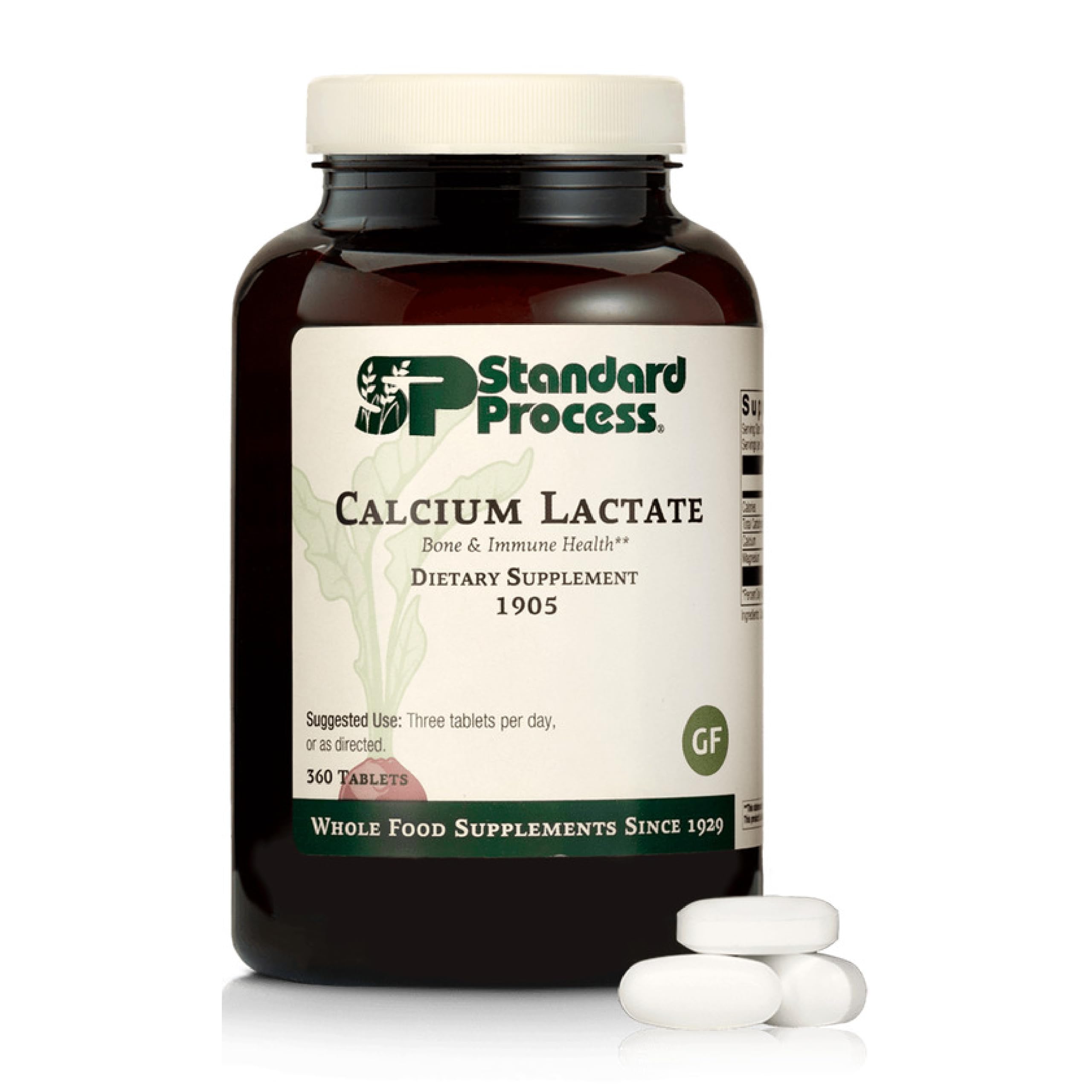 Standard Process Calcium Lactate bottle front view highlights vegan bone support.