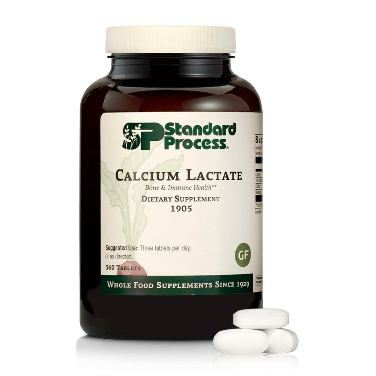 Standard Process Calcium Lactate bottle front view highlights vegan bone support.