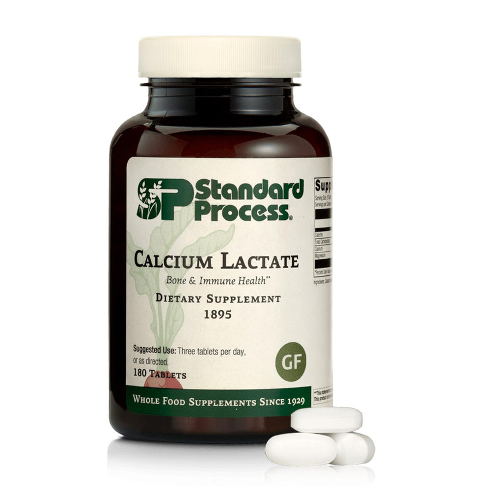 Standard Process Calcium Lactate bottle front highlights bone support and immune health potential.