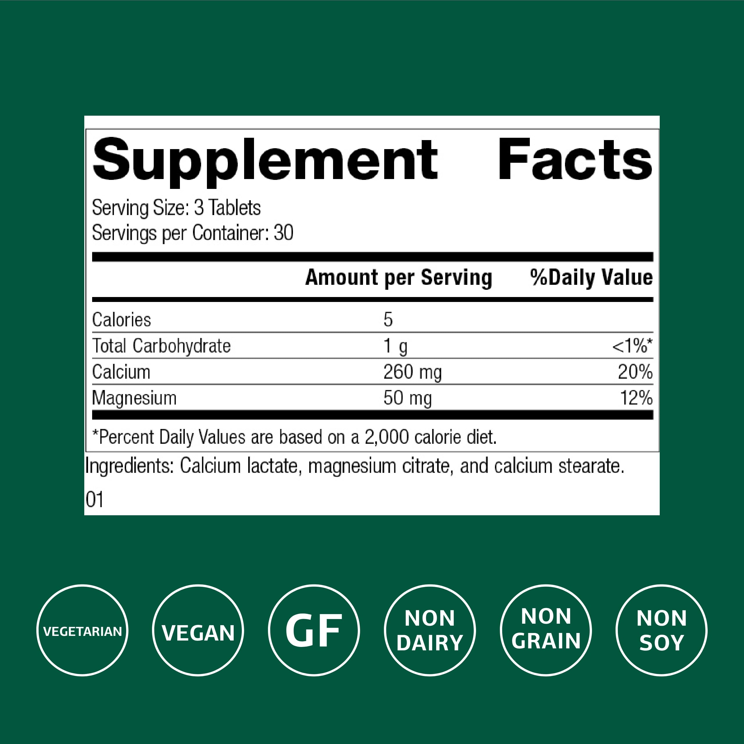 Standard Process Calcium Lactate bottle side view highlights vegan gluten-free features.