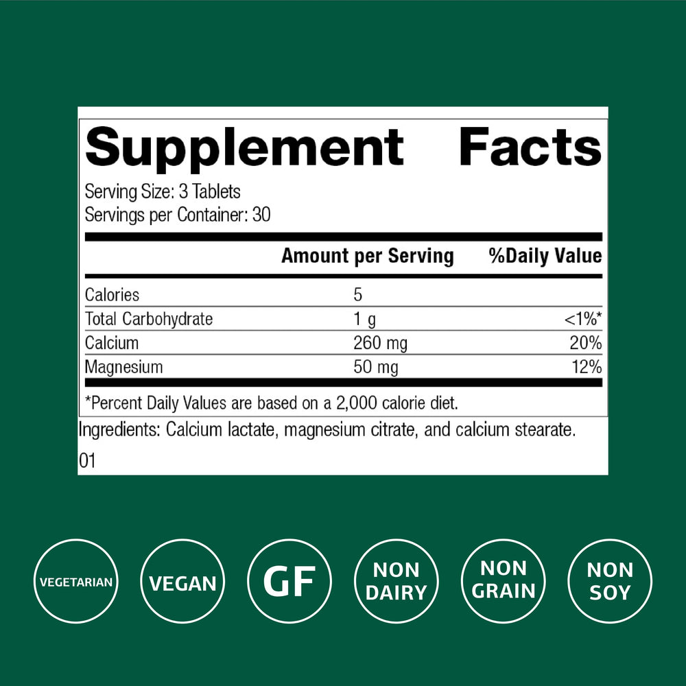 Standard Process Calcium Lactate bottle side view highlights vegan gluten-free features.