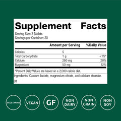 Standard Process Calcium Lactate bottle side view highlights vegan gluten-free features.