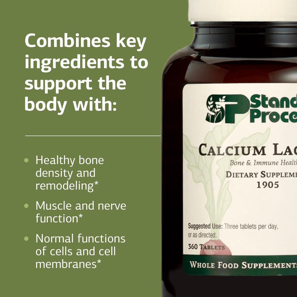 Standard Process Calcium Lactate bottle with glass emphasizes product quality and purity.