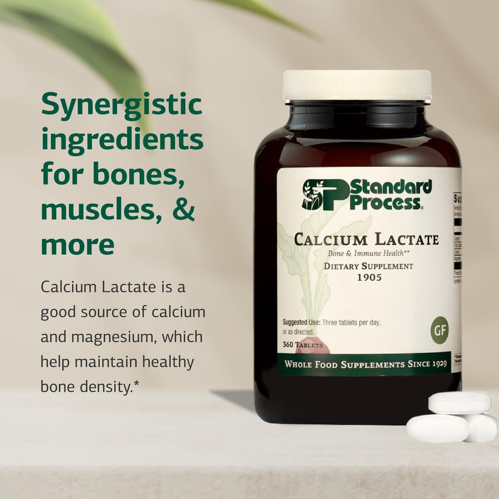 Standard Process Calcium Lactate label detail emphasizes gluten-free and non-dairy formulation.