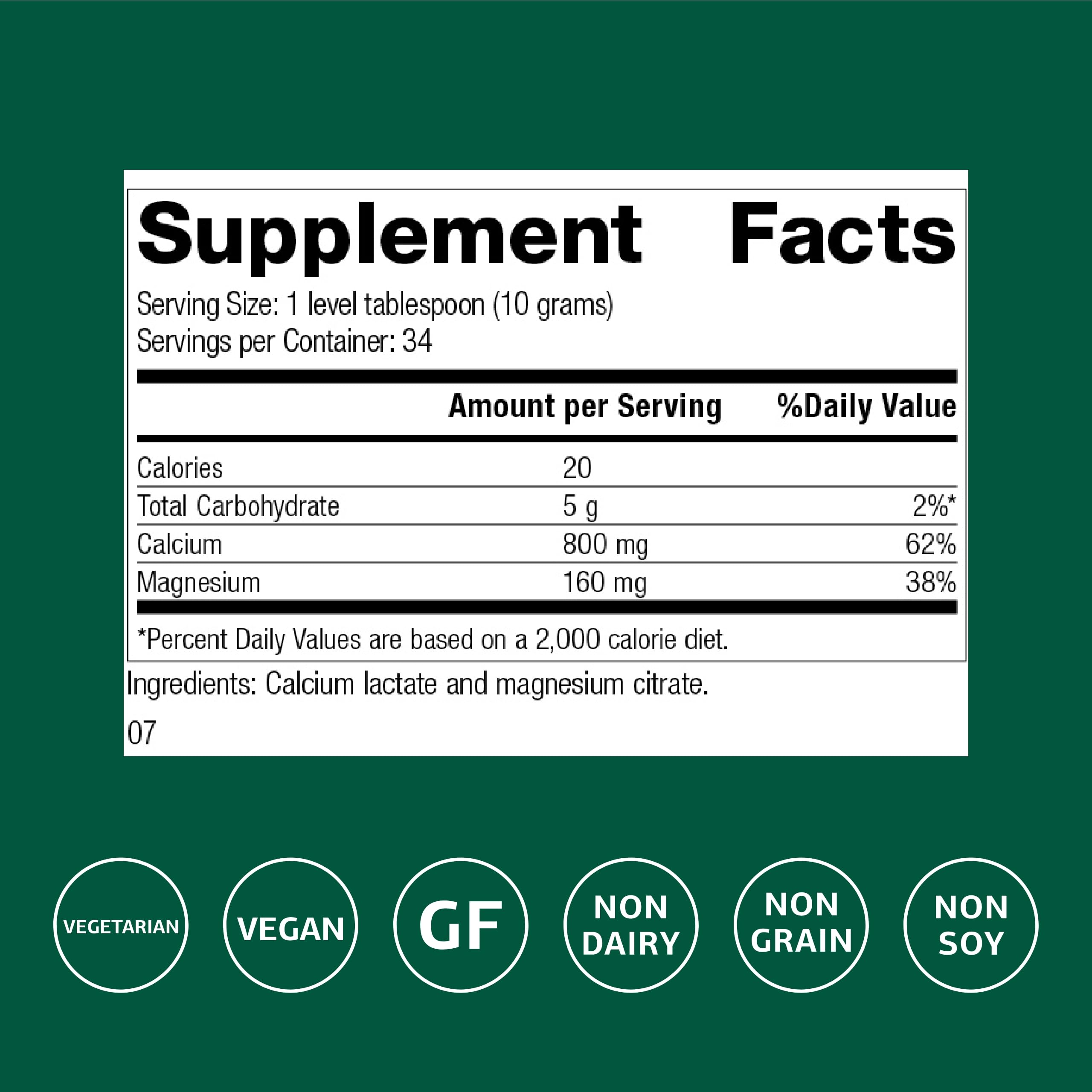Standard Process Calcium Lactate Powder label highlights non-dairy, gluten-free formula.