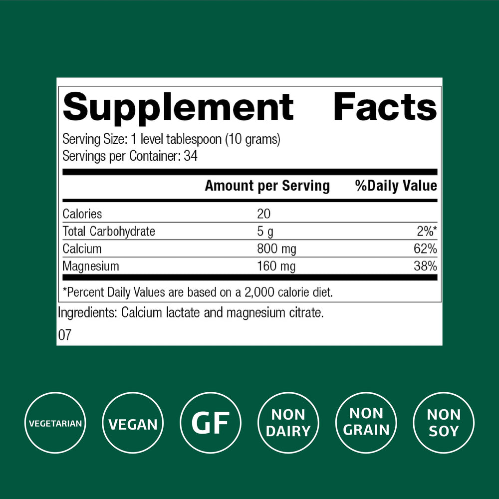 Standard Process Calcium Lactate Powder label highlights non-dairy, gluten-free formula.