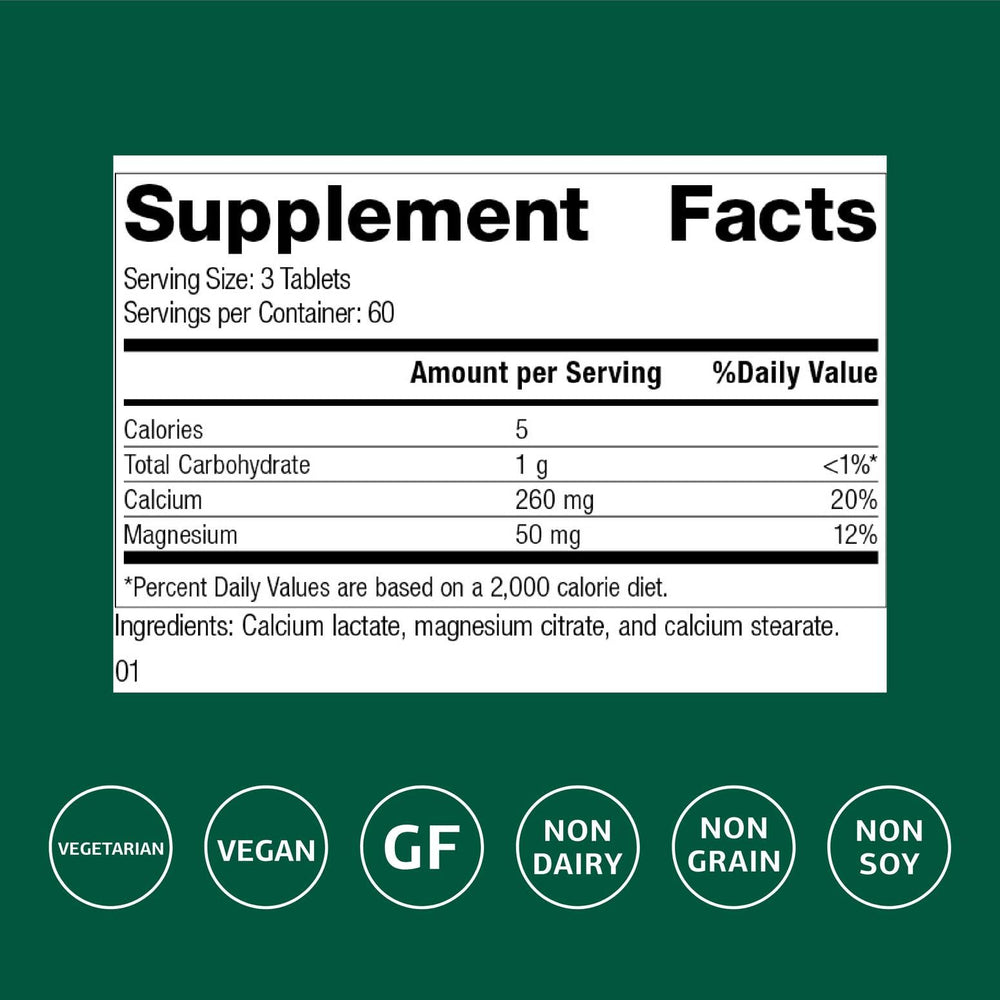 Standard Process Calcium Lactate tablets closeup shows vegan, gluten-free supplementation.