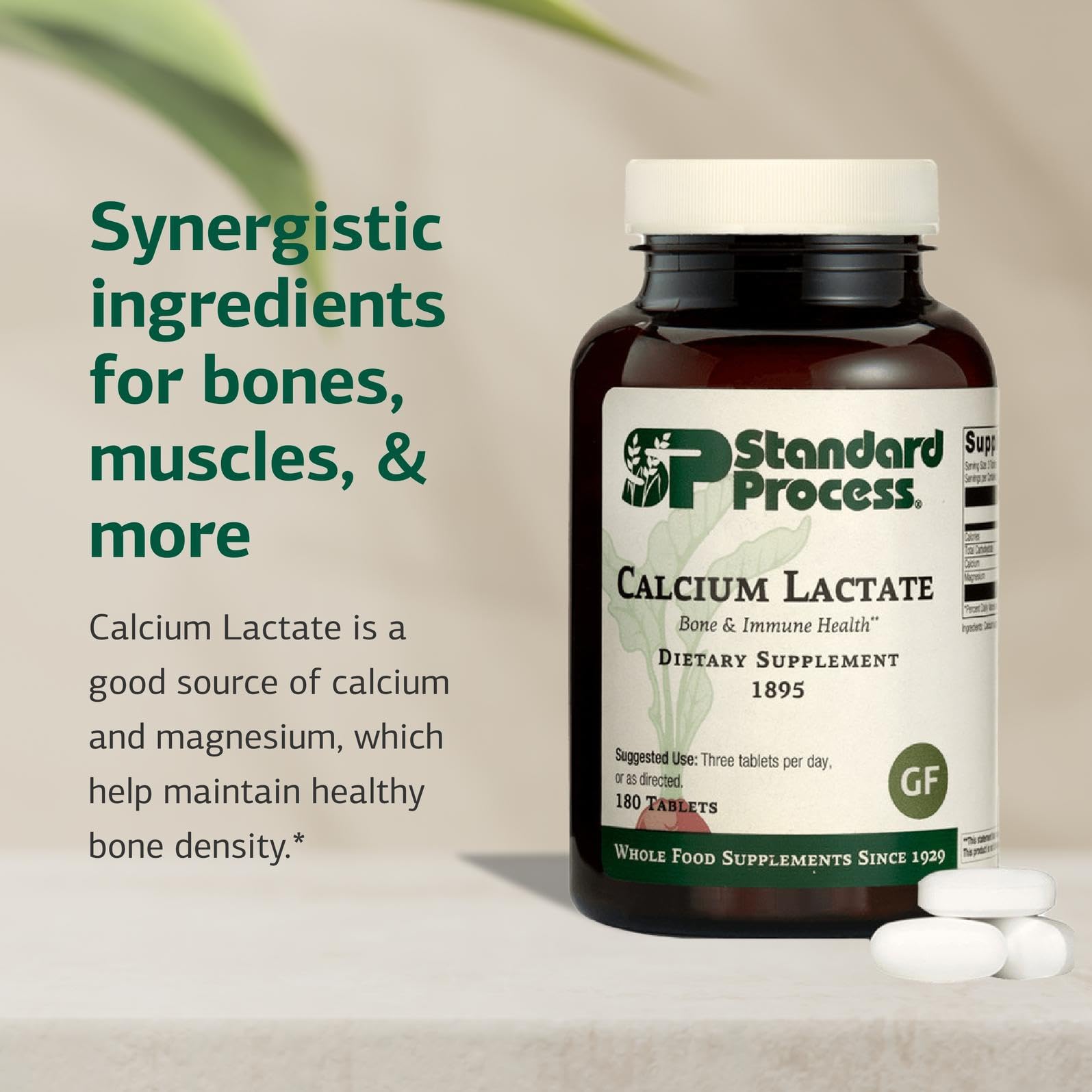 Standard Process Calcium Lactate vegan gluten-free badge communicates dietary compatibility.