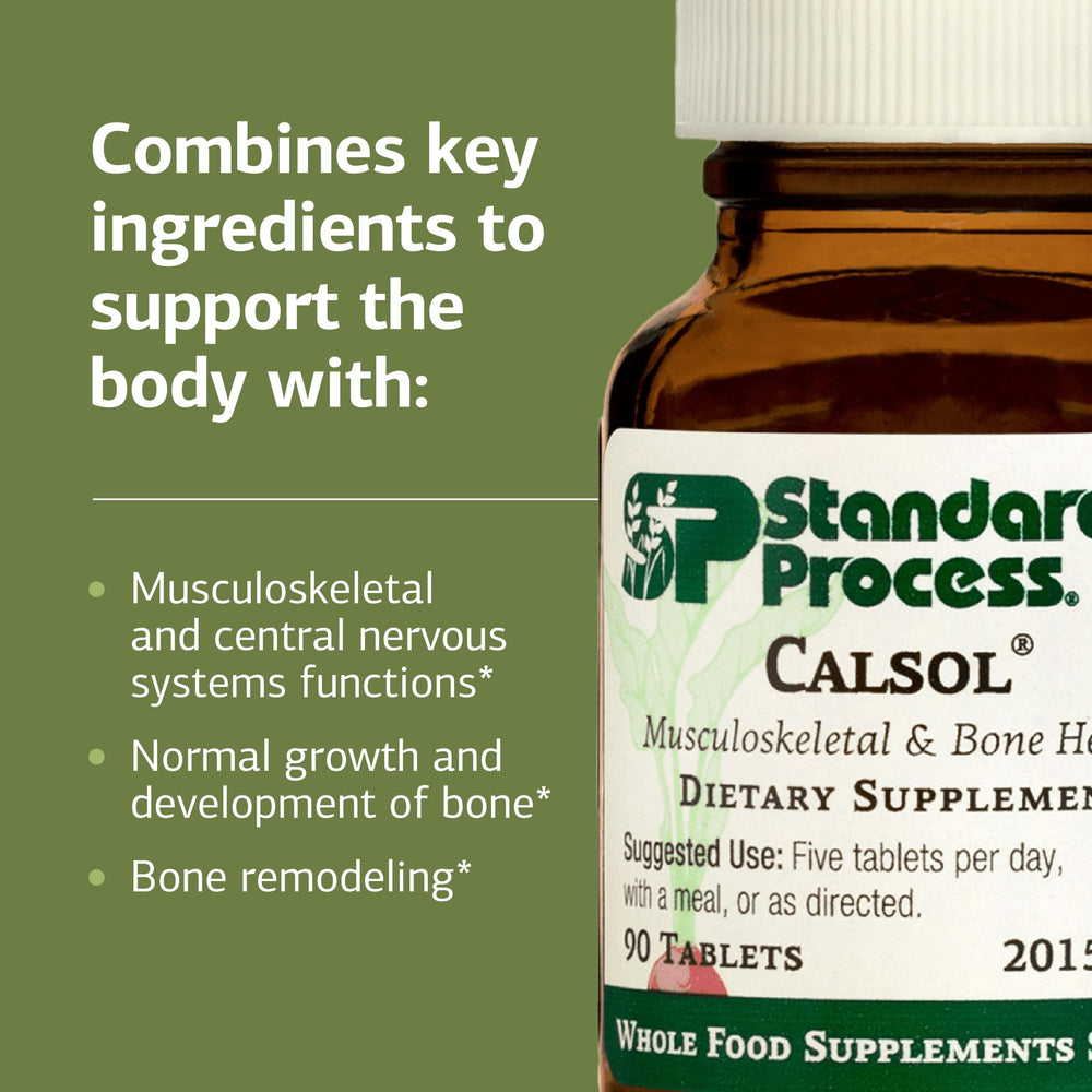 Standard Process Calsol vegan gluten-free badge highlighting bone support