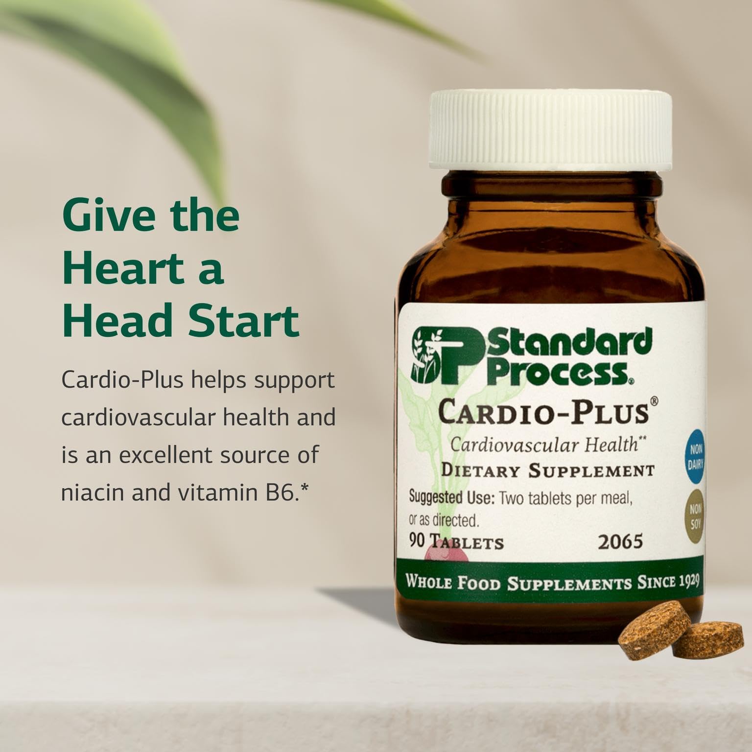 Bottle label features bovine heart PMG extract and riboflavin for energy metabolism.