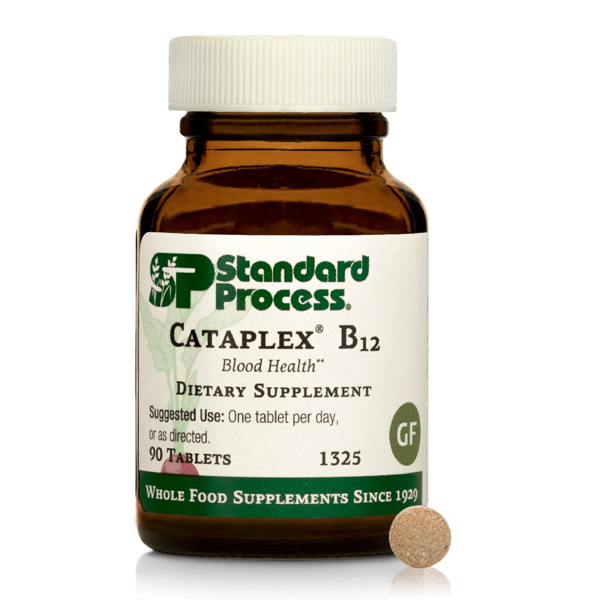 Standard Process Cataplex B12 bottle label, highlighting branding and purpose
