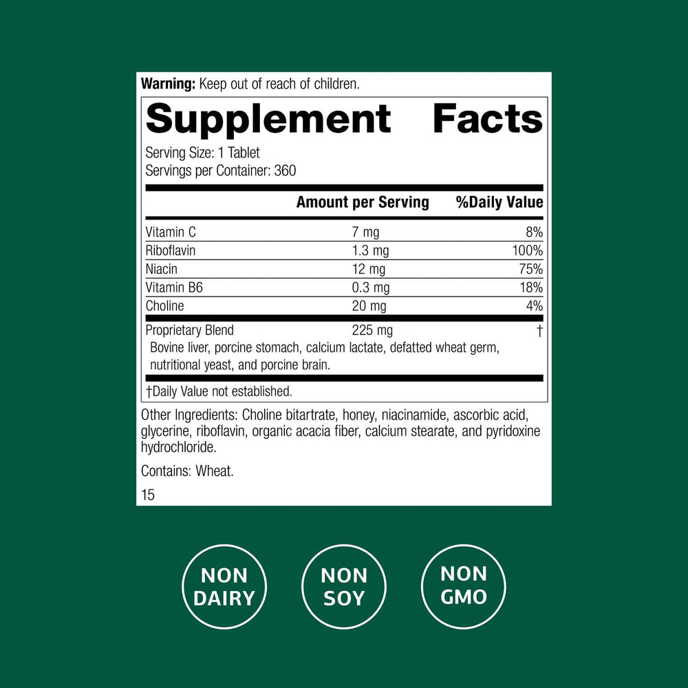 Standard Process Cataplex B2 bottle label closeup highlighting riboflavin content.
