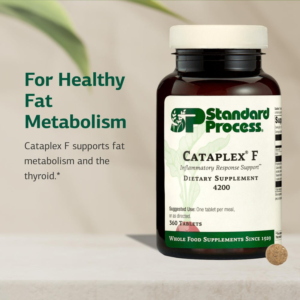 Standard Process Cataplex F bottle spill suggesting convenient on-the-go use.