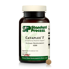 Standard Process Cataplex F tablet close-up highlighting energy-supporting B6 and iodine.