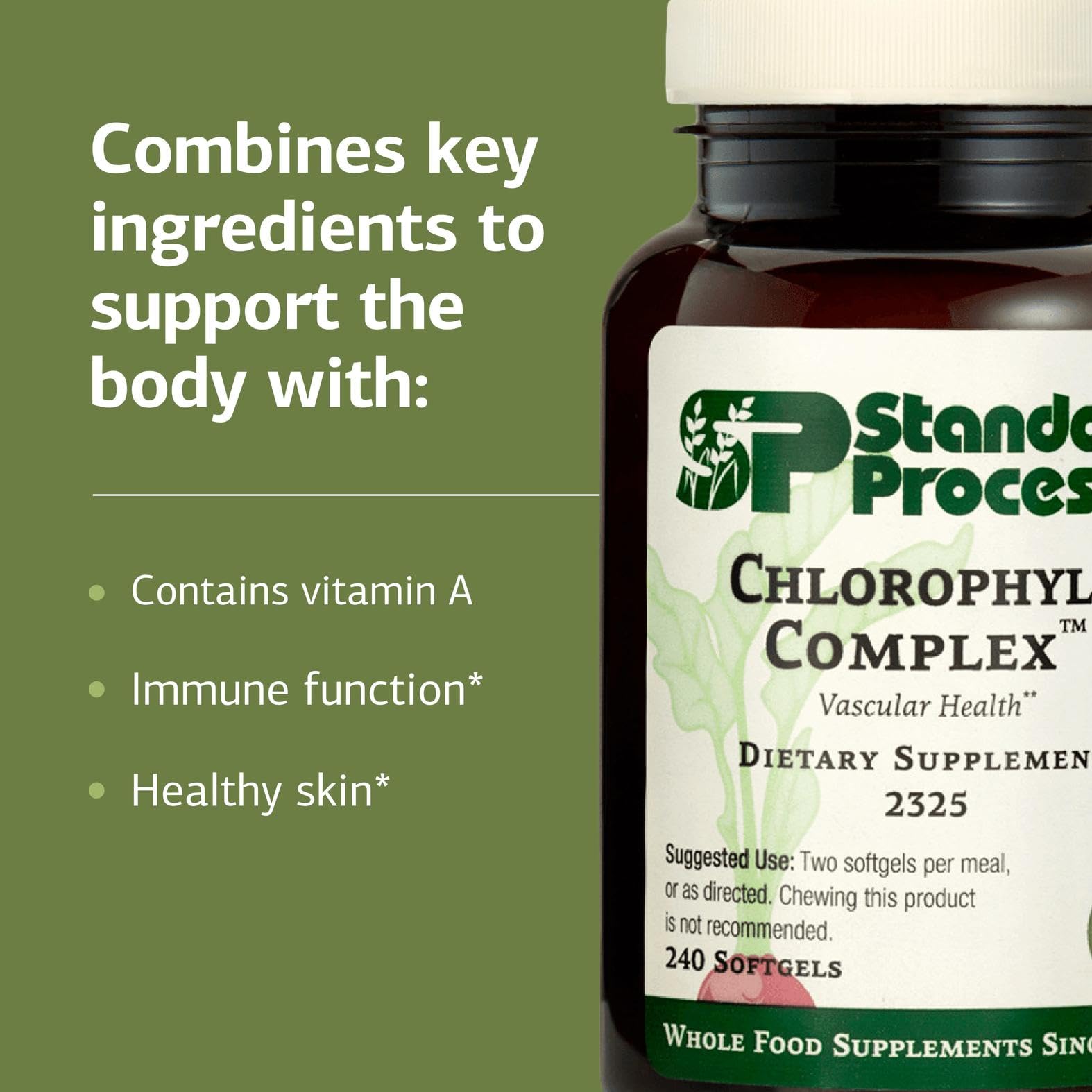 Standard Process Chlorophyll Complex pill closeup, vitamin A for healthy skin