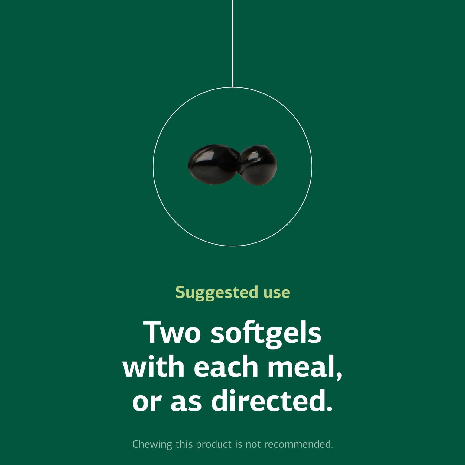Standard Process Chlorophyll Complex serving size graphic, two softgels per meal guidance