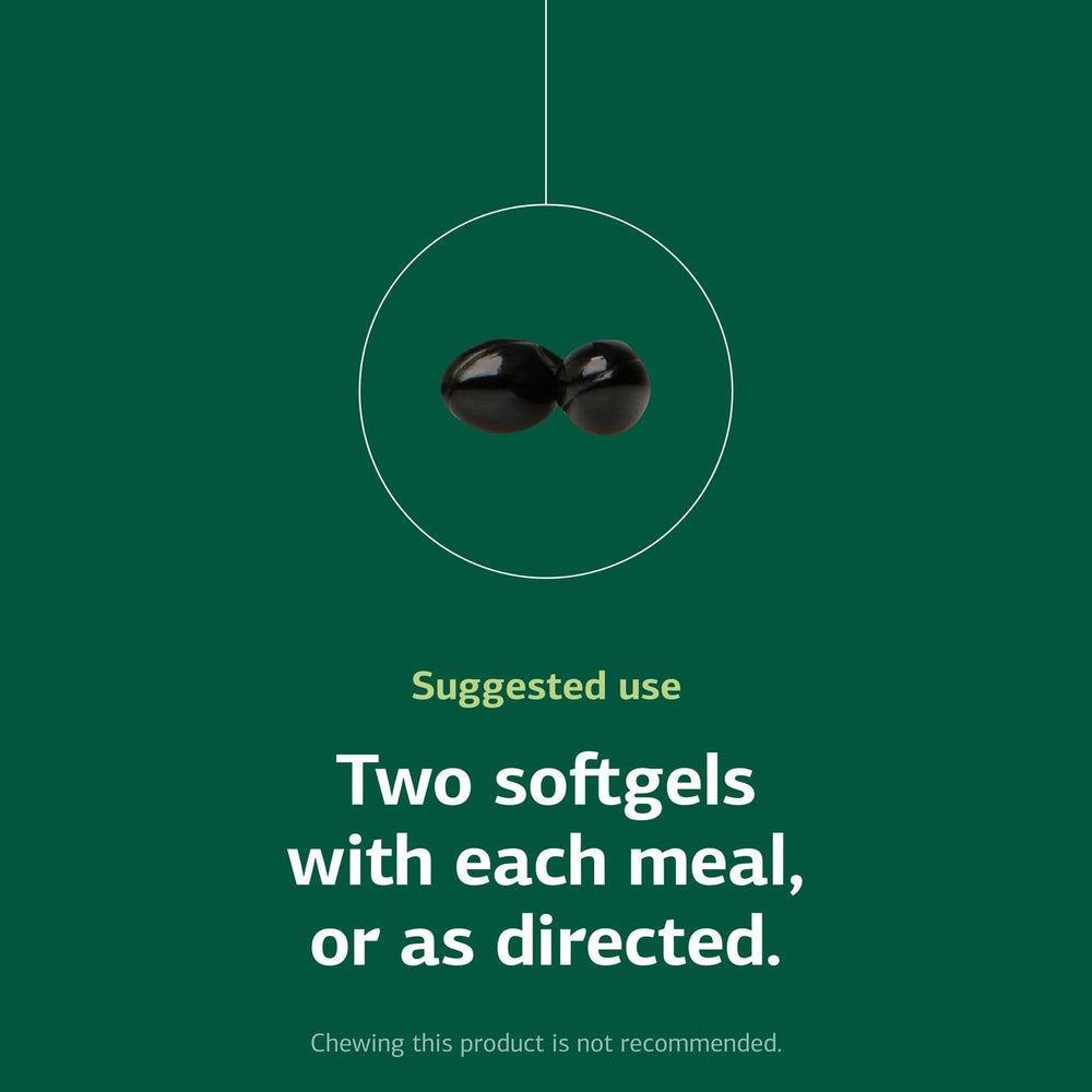Standard Process Chlorophyll Complex serving size graphic, two softgels per meal guidance