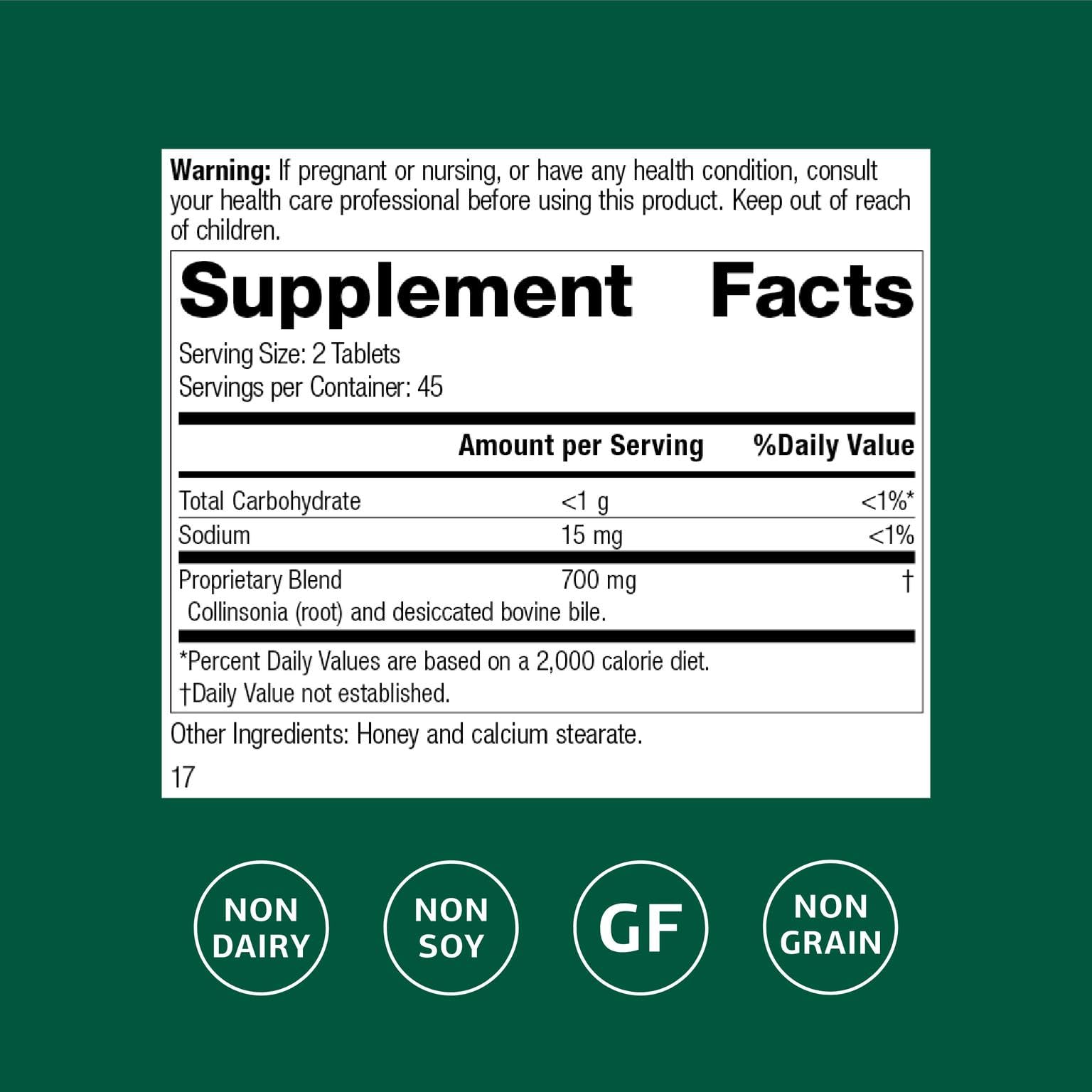 Standard Process Cholacol bottle label highlighting bile support and clean-label ingredients