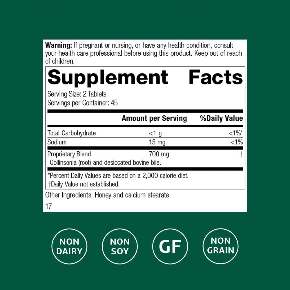 Standard Process Cholacol bottle label highlighting bile support and clean-label ingredients