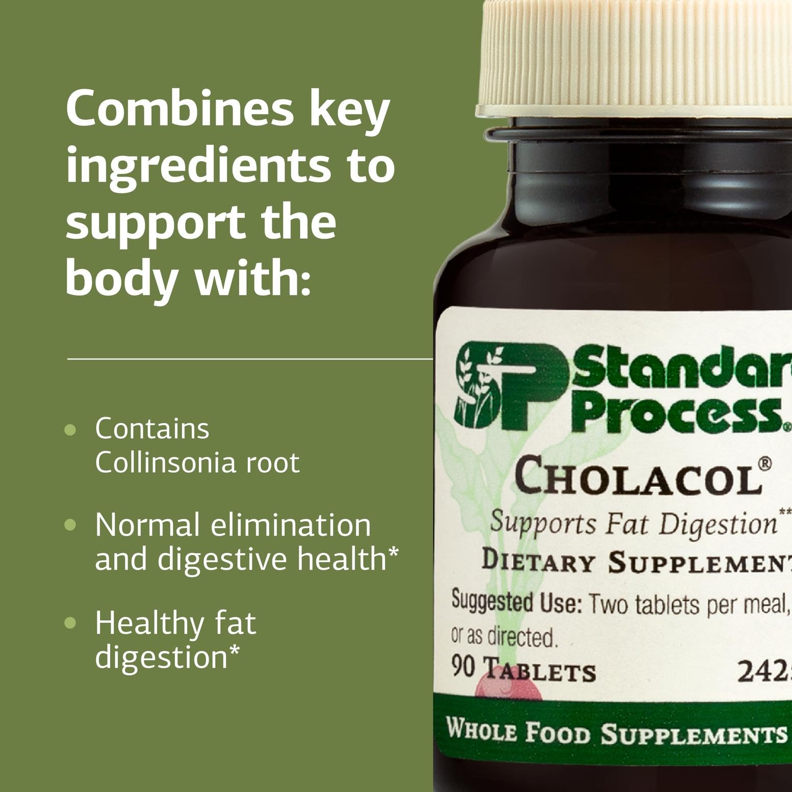 Standard Process Cholacol bottle side view showing dosage guidance for meals