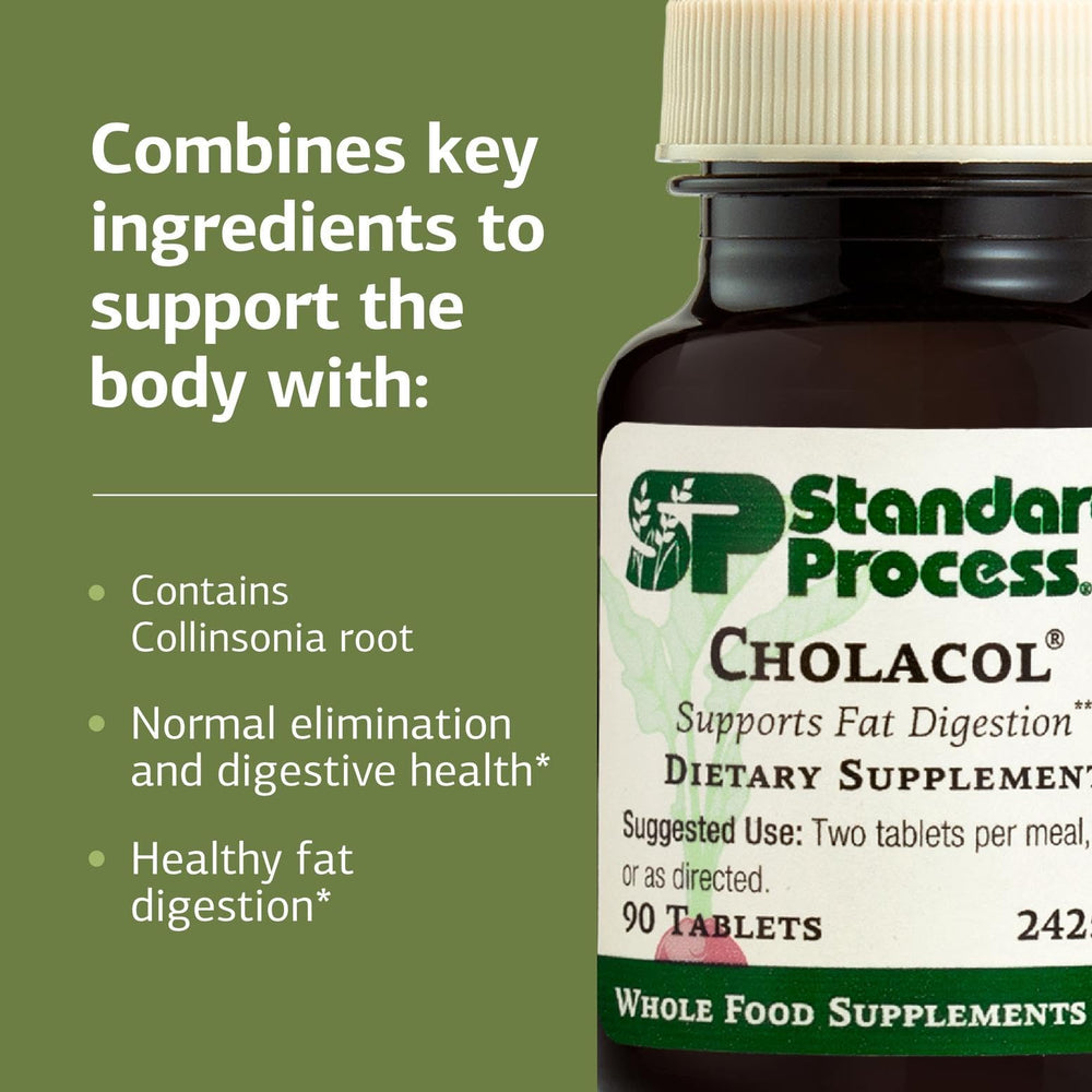 Standard Process Cholacol bottle side view showing dosage guidance for meals